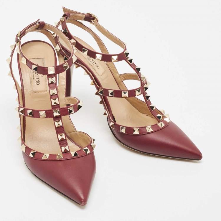 Pre Owned Valentino Purple Leather Rockstud Ankle Strap Pumps Size 38