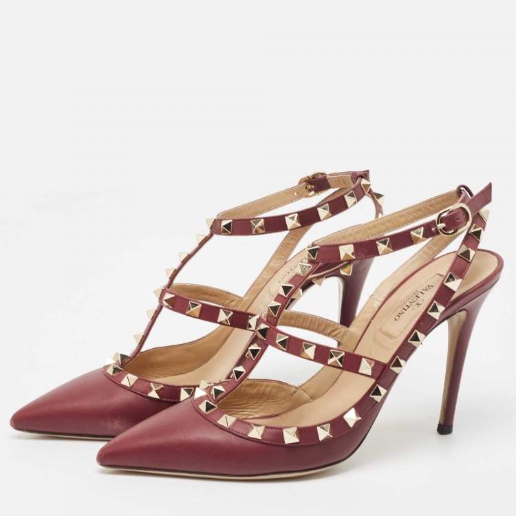 Pre Owned Valentino Purple Leather Rockstud Ankle Strap Pumps Size 38