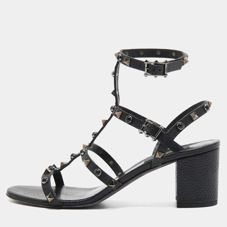 Pre Owned Valentino Black Leather Rolling Rockstud Ankle Strap Sandals Size 40