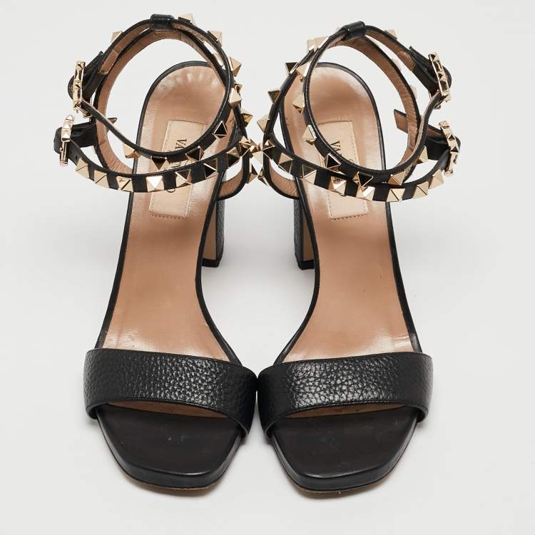 Pre Owned Valentino Black Leather Rockstud Ankle Strap Sandals Size 35