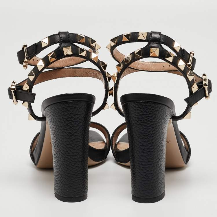 Pre Owned Valentino Black Leather Rockstud Ankle Strap Sandals Size 35