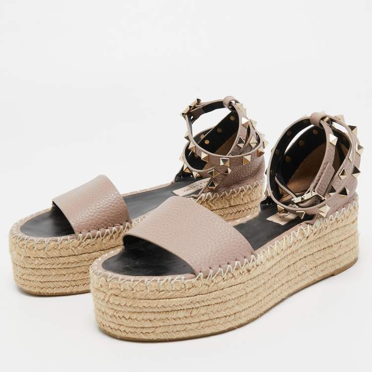 Pre Owned Valentino Dusty Pink Leather Rockstud Espadrille Platform Ankle Strap Sandals Size 36