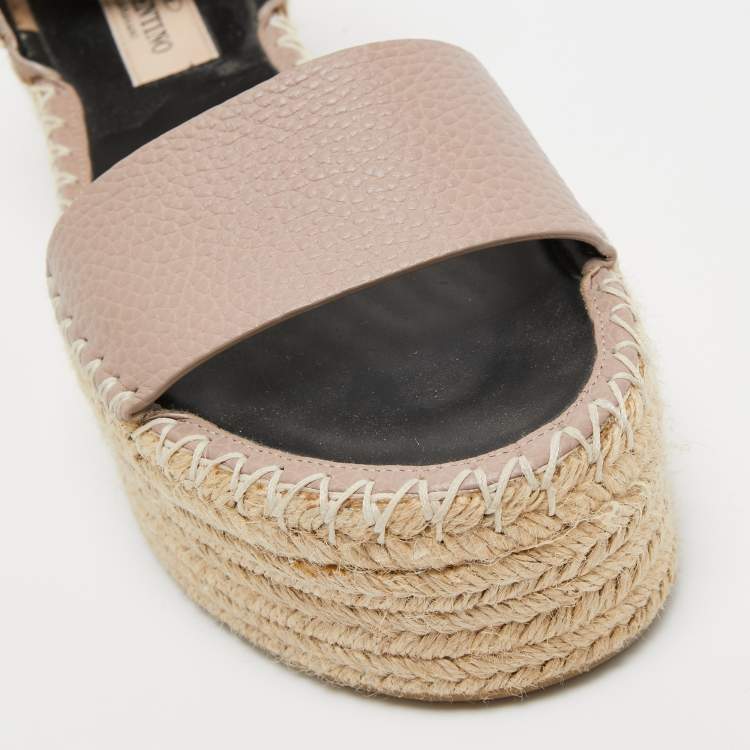 Pre Owned Valentino Dusty Pink Leather Rockstud Espadrille Platform Ankle Strap Sandals Size 36