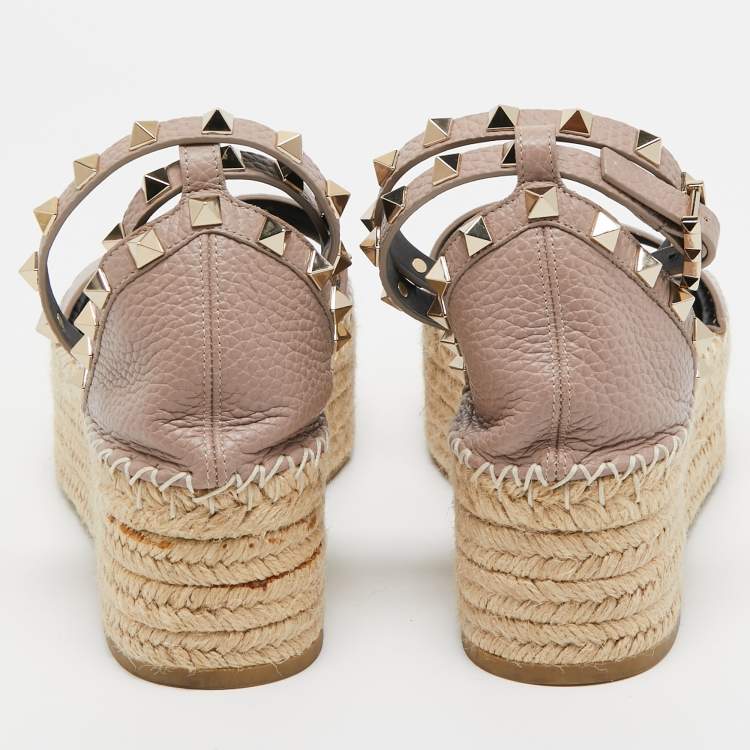 Pre Owned Valentino Dusty Pink Leather Rockstud Espadrille Platform Ankle Strap Sandals Size 36