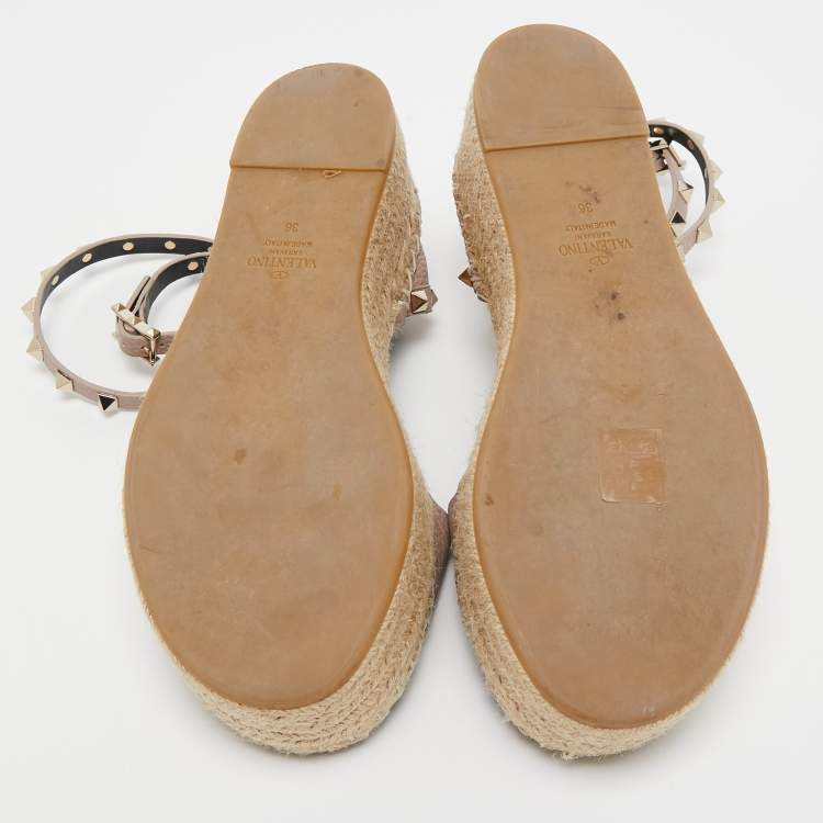 Pre Owned Valentino Dusty Pink Leather Rockstud Espadrille Platform Ankle Strap Sandals Size 36