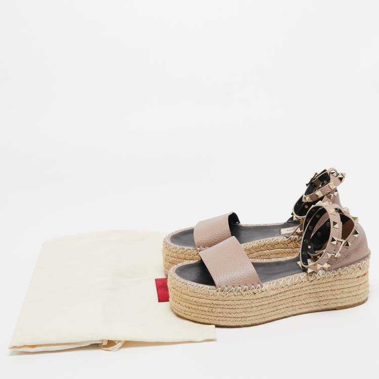 Pre Owned Valentino Dusty Pink Leather Rockstud Espadrille Platform Ankle Strap Sandals Size 36