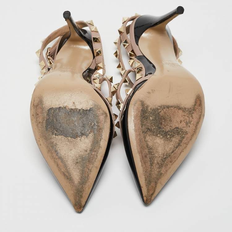 Pre Owned Valentino Black Patent Leather Rockstud Ankle Strap Pumps Size 36.5