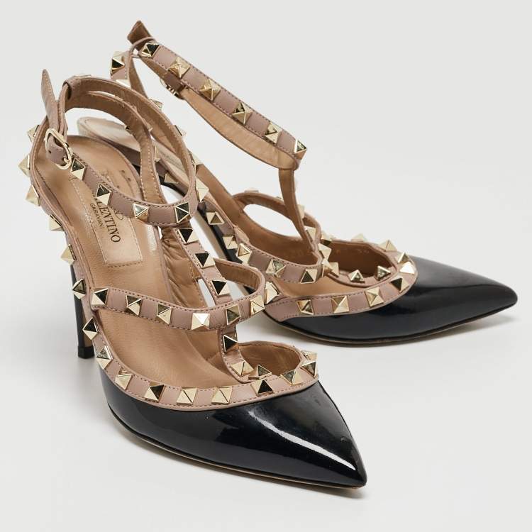 Pre Owned Valentino Black Patent Leather Rockstud Ankle Strap Pumps Size 36.5