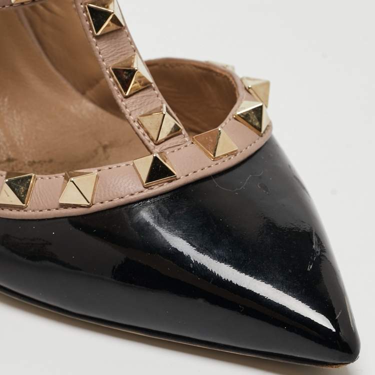 Pre Owned Valentino Black Patent Leather Rockstud Ankle Strap Pumps Size 36.5