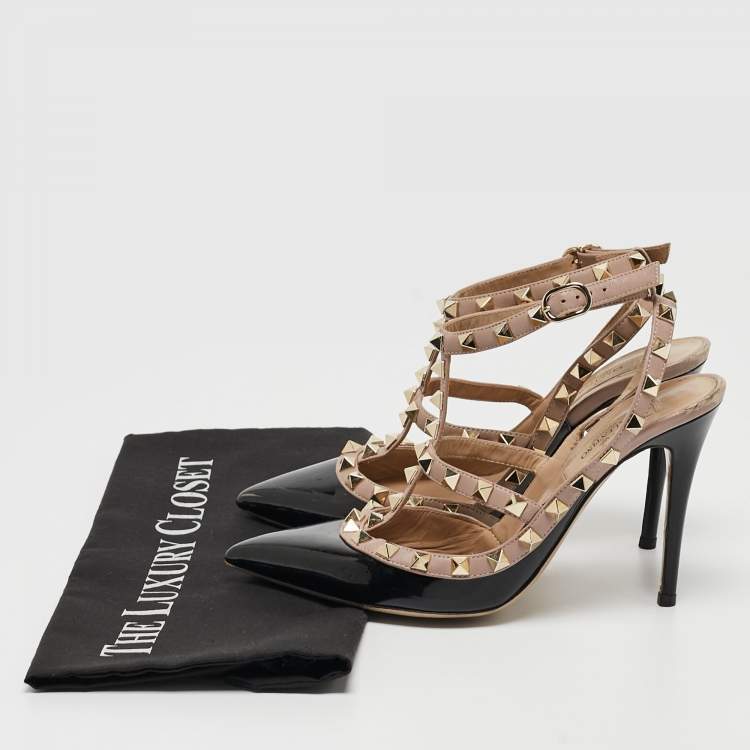 Pre Owned Valentino Black Patent Leather Rockstud Ankle Strap Pumps Size 36.5