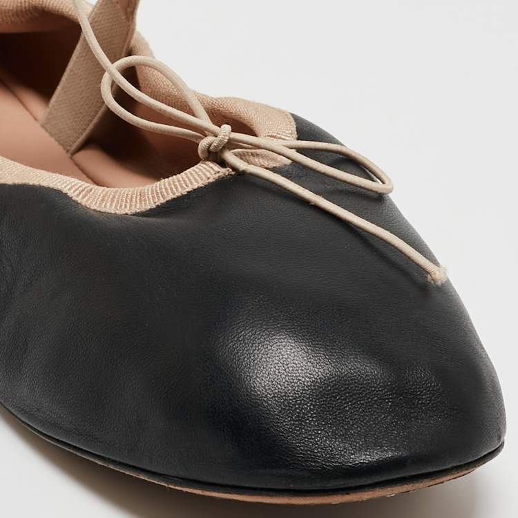 Pre Owned Valentino Black Leather Rockstud Mary Jane Bow Ballet Flats Size 38.5
