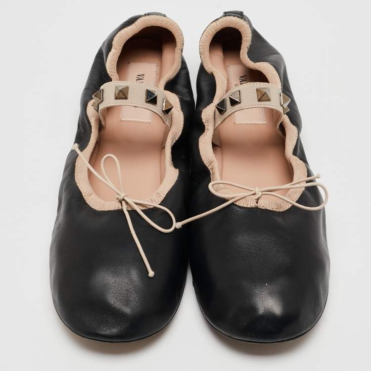Pre Owned Valentino Black Leather Rockstud Mary Jane Bow Ballet Flats Size 38.5