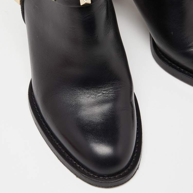 Pre Owned Valentino Black Leather Rockstud Ankle Boots Size 36