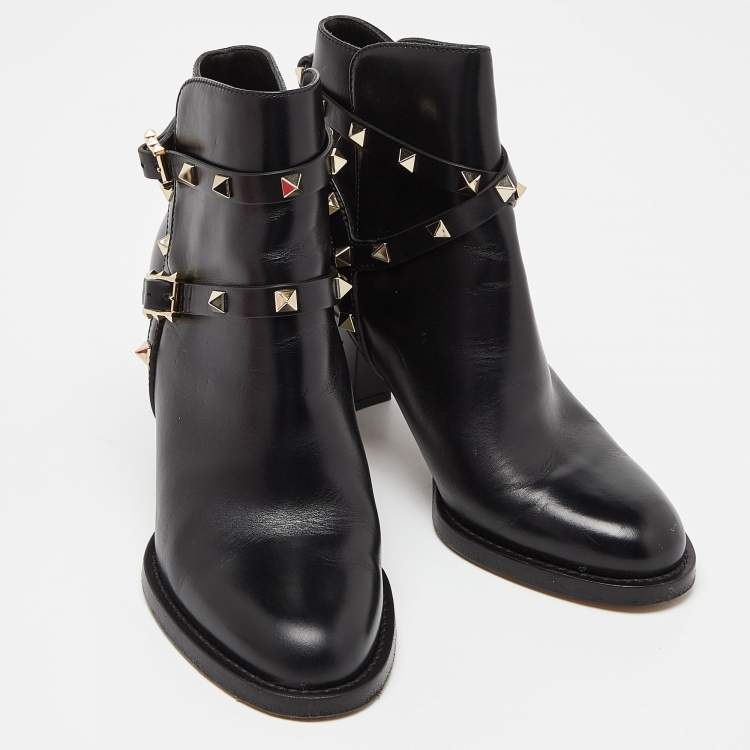 Pre Owned Valentino Black Leather Rockstud Ankle Boots Size 36