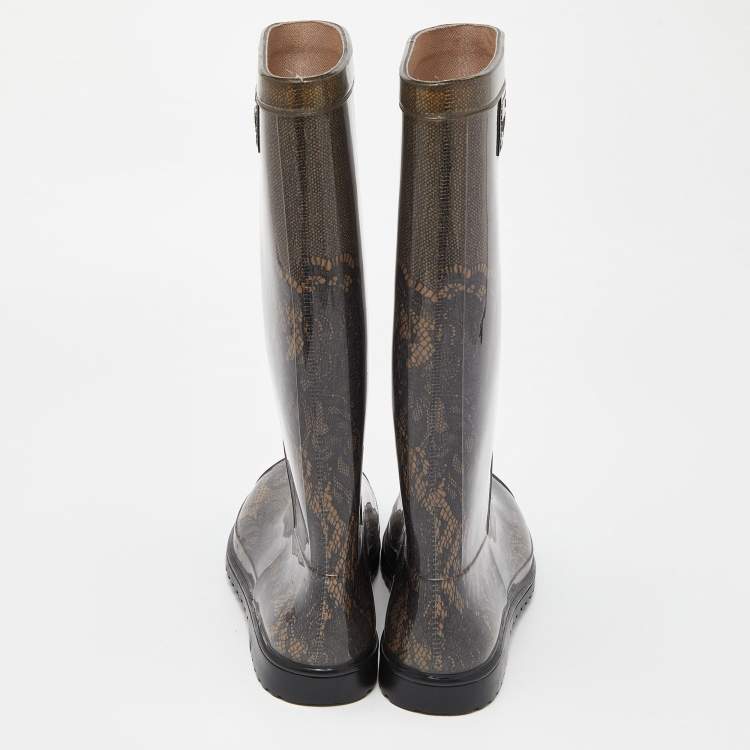 Pre Owned Valentino Black/Beige Lace Print Rubber Rain Boots Size 40