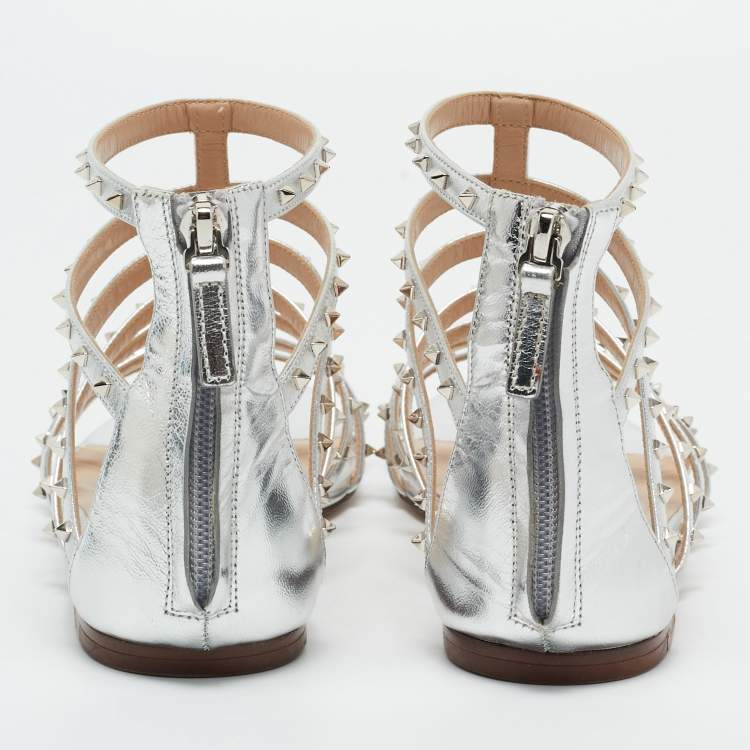 Pre Owned Valentino Silver Leather Love Latch Cross Strap Flat Gladiator Sandals Size 39.5