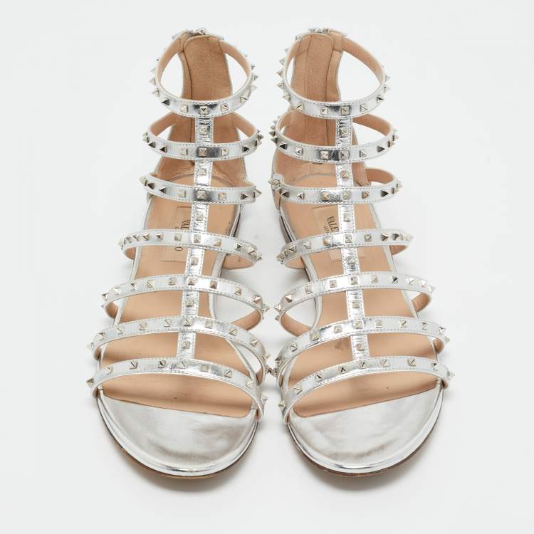 Pre Owned Valentino Silver Leather Love Latch Cross Strap Flat Gladiator Sandals Size 39.5