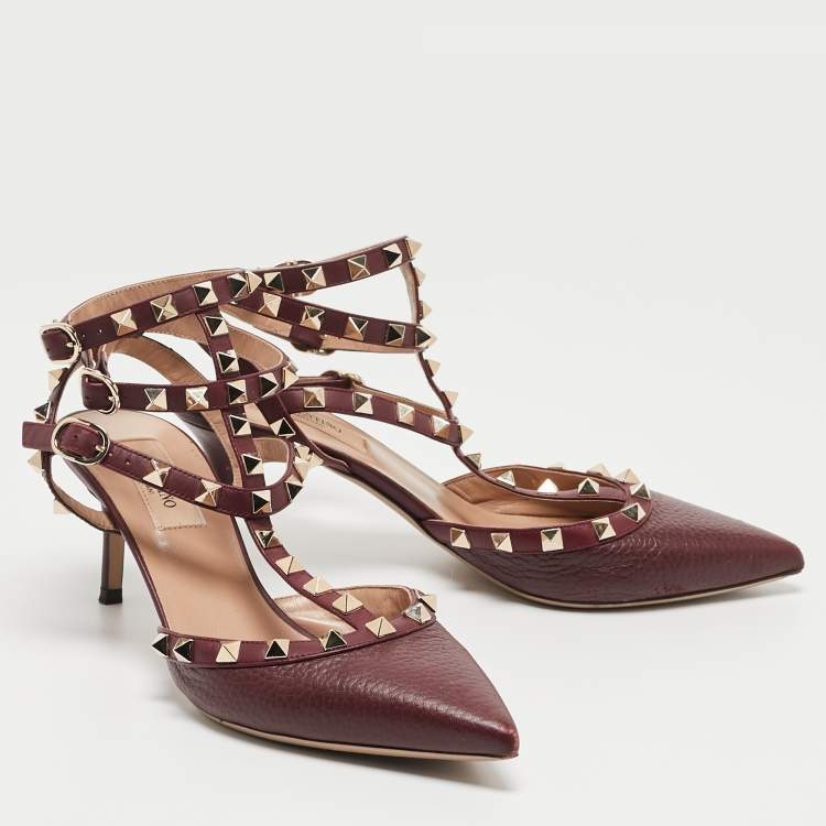 Pre Owned Valentino Burgundy Leather Rockstud Ankle Strap Pumps Size 37.5
