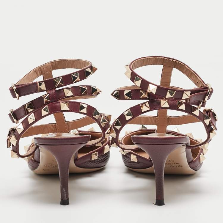 Pre Owned Valentino Burgundy Leather Rockstud Ankle Strap Pumps Size 37.5