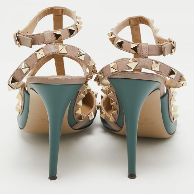 Pre Owned Valentino Green/Beige Leather Caged Rockstud Pumps Size 41