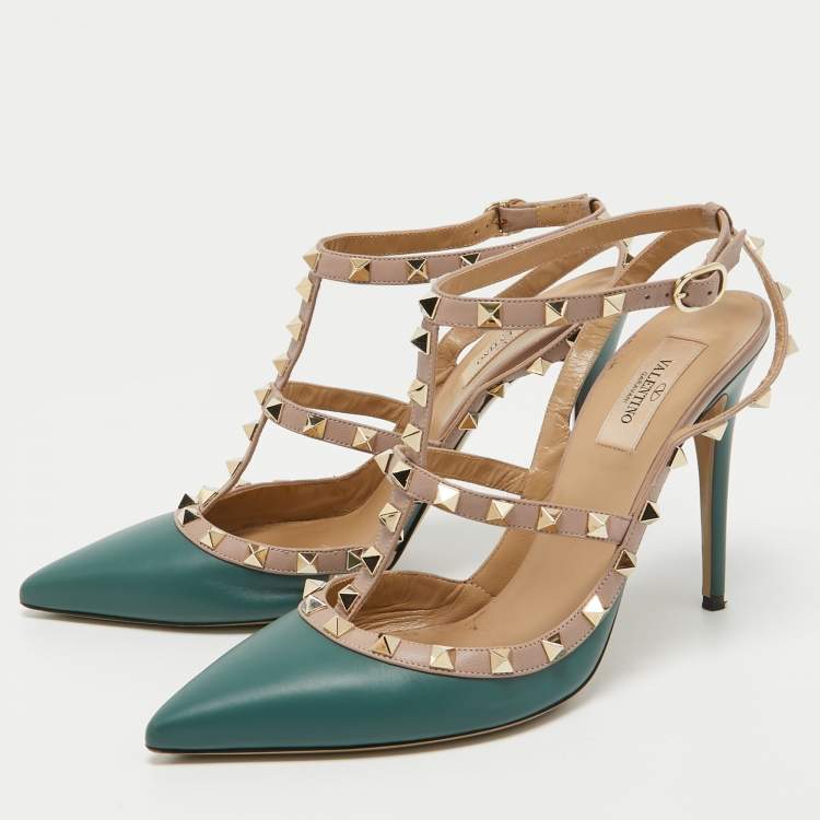 Pre Owned Valentino Green/Beige Leather Caged Rockstud Pumps Size 41