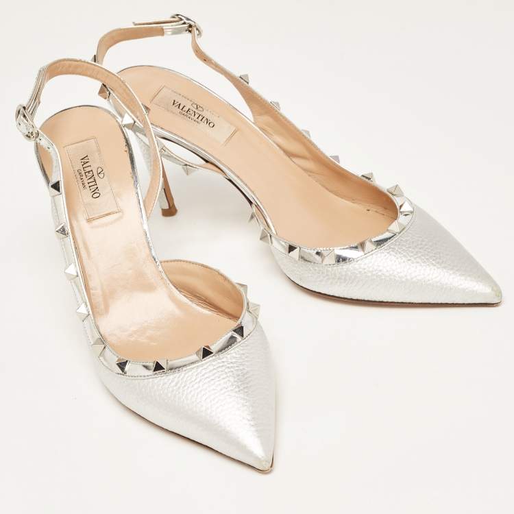 Pre Owned Valentino Silver Leather Rockstud Slingback Pumps Size 40  