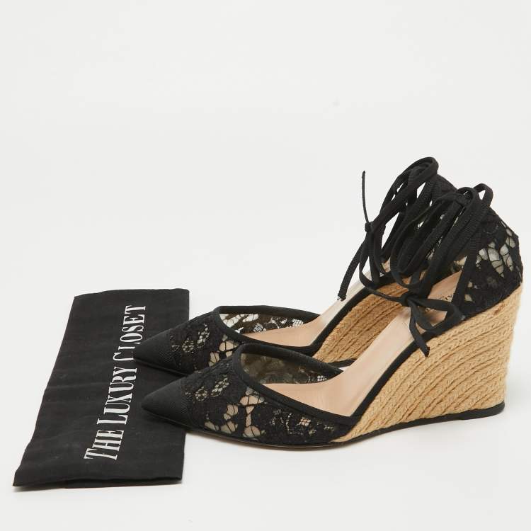 Pre Owned Valentino Black Lace Esparille Wedge Ankle Tie Pumps Size 39