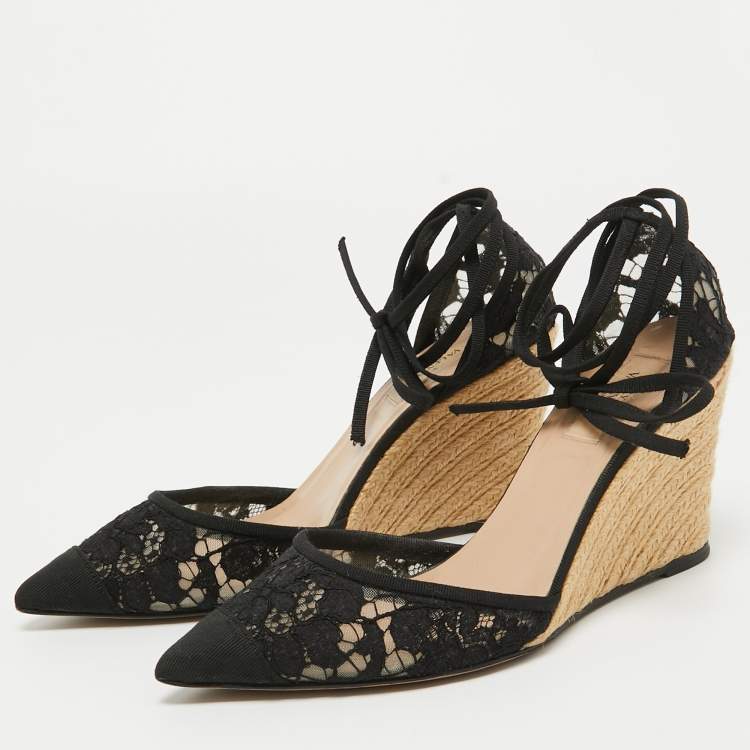 Pre Owned Valentino Black Lace Esparille Wedge Ankle Tie Pumps Size 39