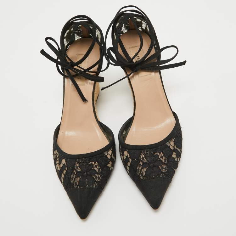 Pre Owned Valentino Black Lace Esparille Wedge Ankle Tie Pumps Size 39