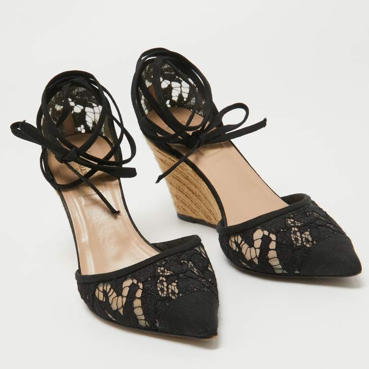 Pre Owned Valentino Black Lace Esparille Wedge Ankle Tie Pumps Size 39