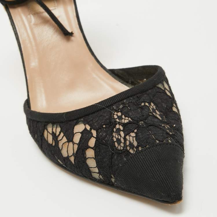 Pre Owned Valentino Black Lace Esparille Wedge Ankle Tie Pumps Size 39