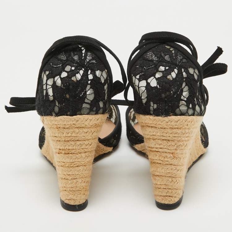 Pre Owned Valentino Black Lace Esparille Wedge Ankle Tie Pumps Size 39
