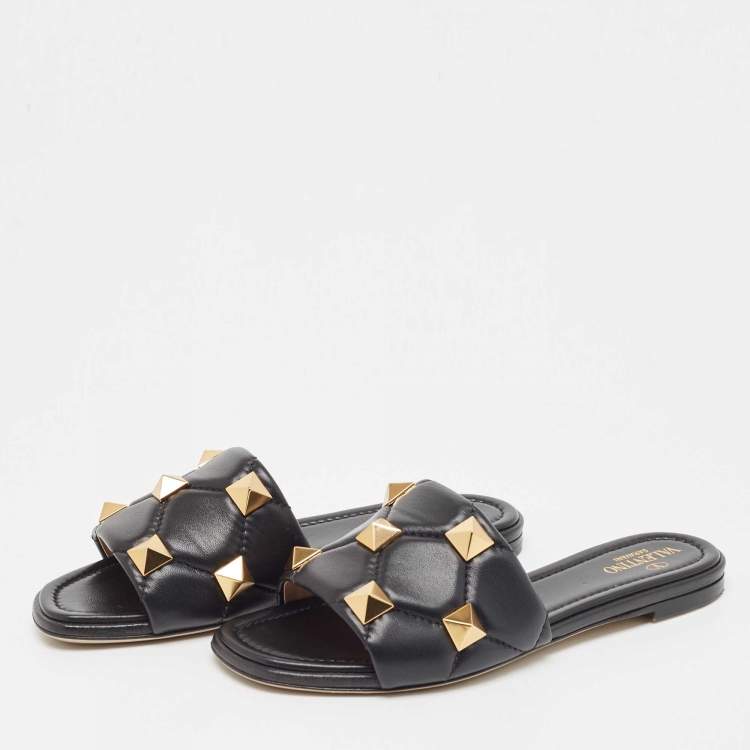 Pre Owned Valentino Black Quilted Leather Roman Stud Flat Slides Size 37.5