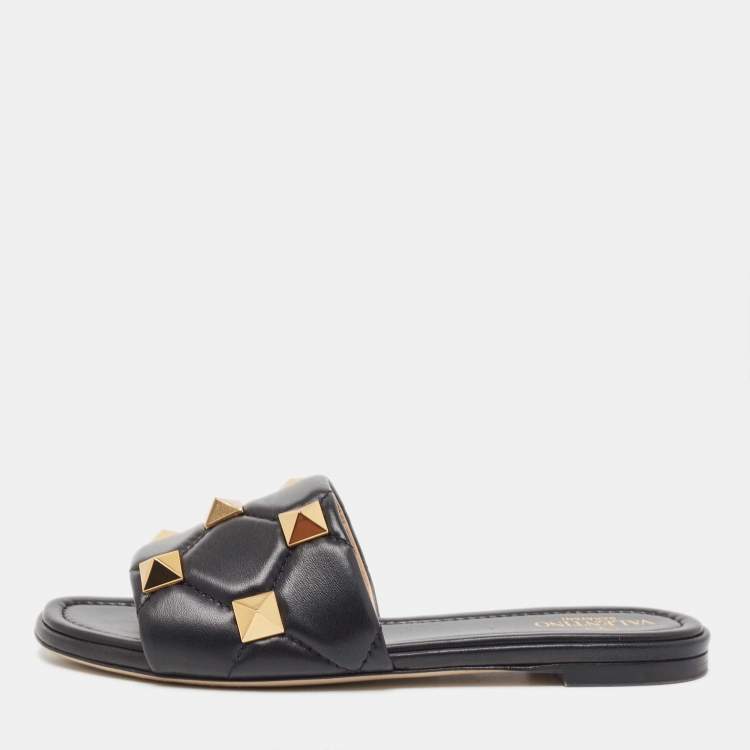 Pre Owned Valentino Black Quilted Leather Roman Stud Flat Slides Size 37.5