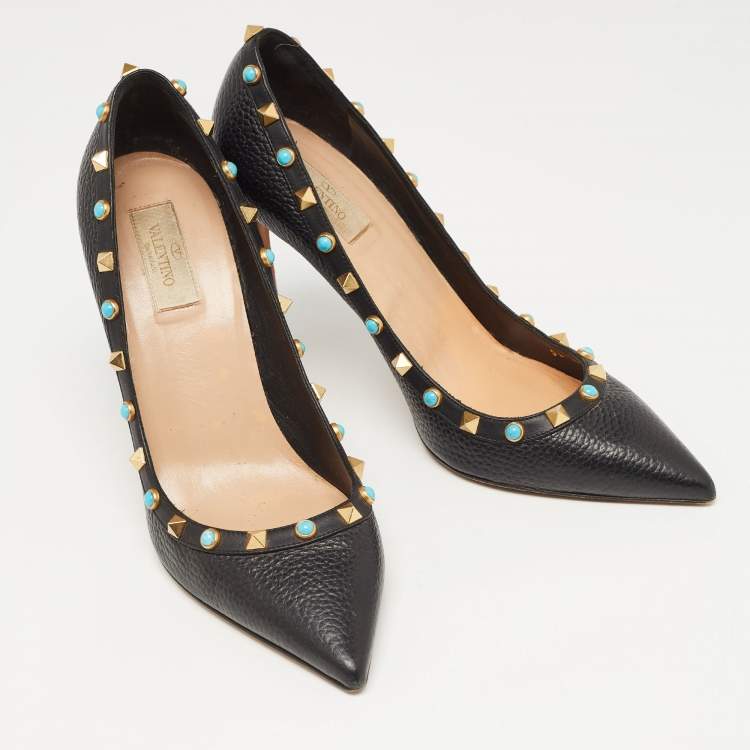 Pre Owned Valentino Black Leather Rolling Rockstud Pumps Size 40