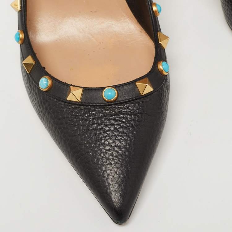 Pre Owned Valentino Black Leather Rolling Rockstud Pumps Size 40