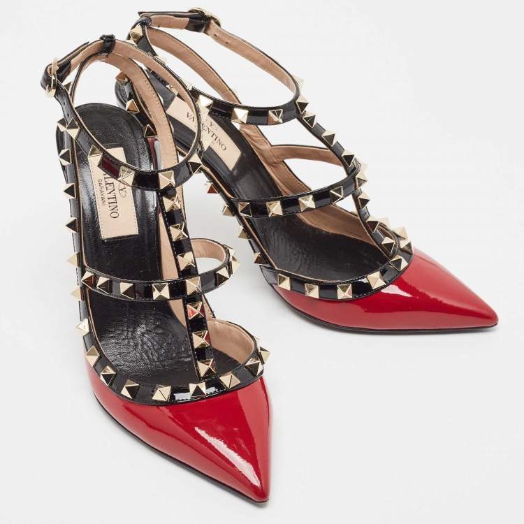 Pre Owned Valentino Dark Red/Black Patent Leather Rockstud Ankle Strap Pumps Size 36.5