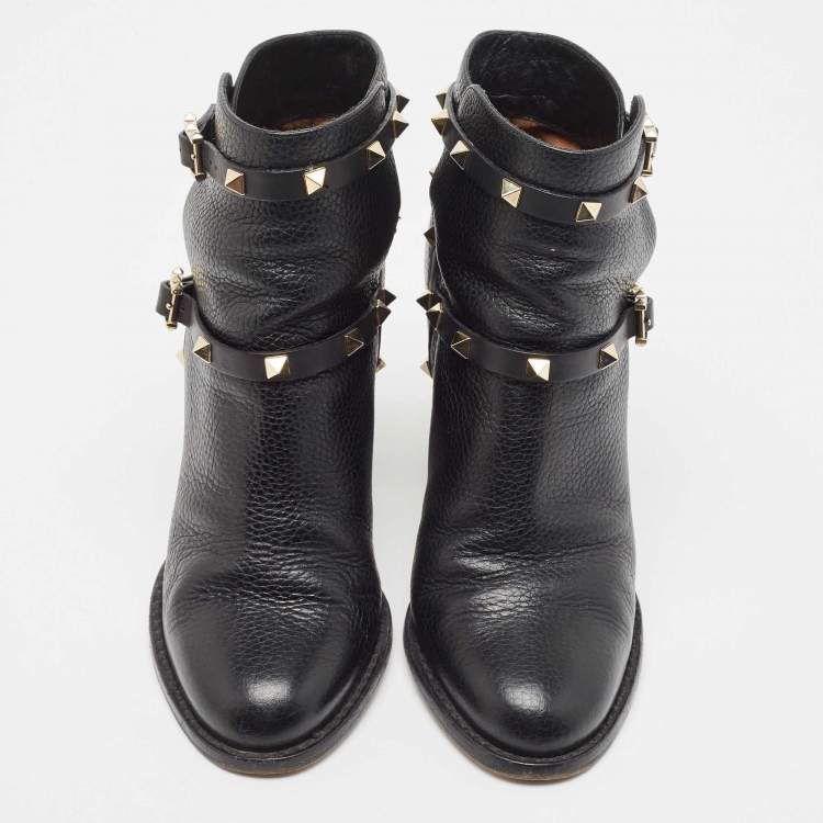 Pre Owned Valentino Black Leather Rockstud Ankle Boots Size 37