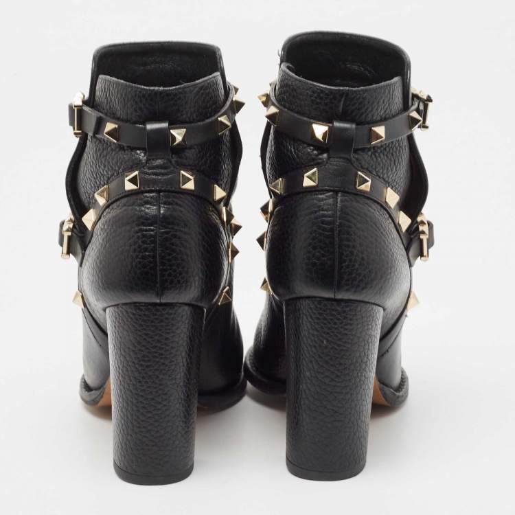 Pre Owned Valentino Black Leather Rockstud Ankle Boots Size 37