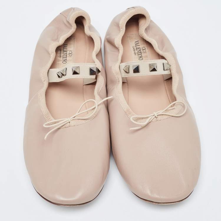 Pre Owned Valentino Beige Leather Rockstud Ballet Flats Size 39