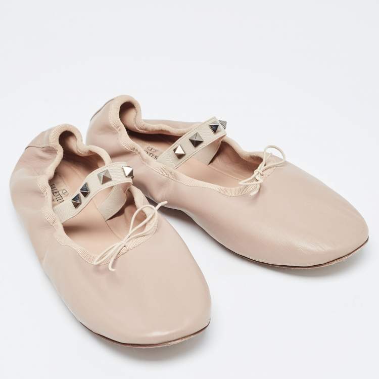 Pre Owned Valentino Beige Leather Rockstud Ballet Flats Size 39