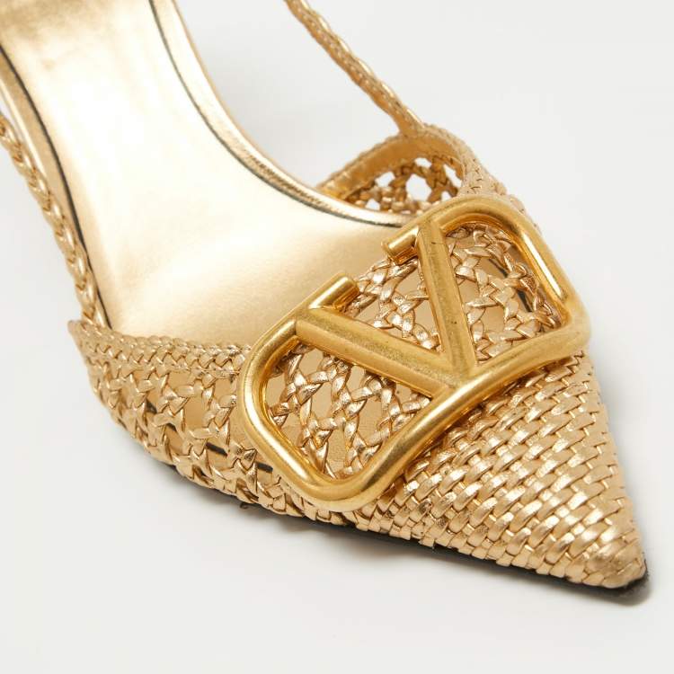 Pre Owned Valentino Gold Woven Leather Vlogo Slingback Pumps Size 39.5