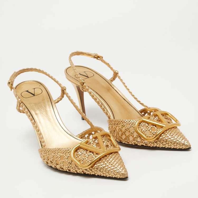 Pre Owned Valentino Gold Woven Leather Vlogo Slingback Pumps Size 39.5