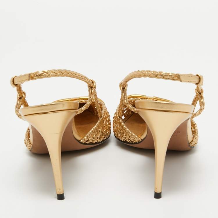 Pre Owned Valentino Gold Woven Leather Vlogo Slingback Pumps Size 39.5