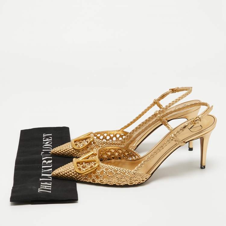 Pre Owned Valentino Gold Woven Leather Vlogo Slingback Pumps Size 39.5