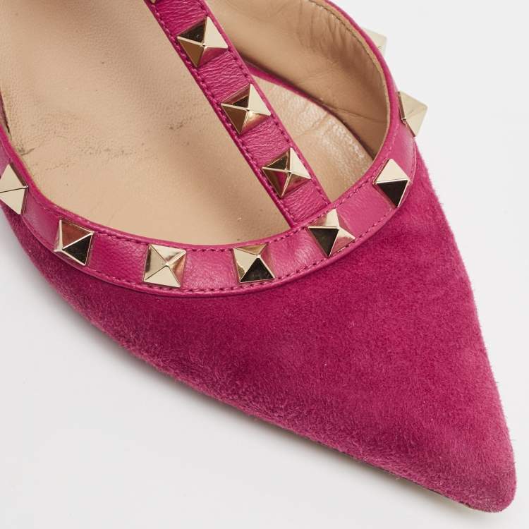 Pre Owned Valentino Pink Suede Rockstud Ankle Strap Pumps Size 36