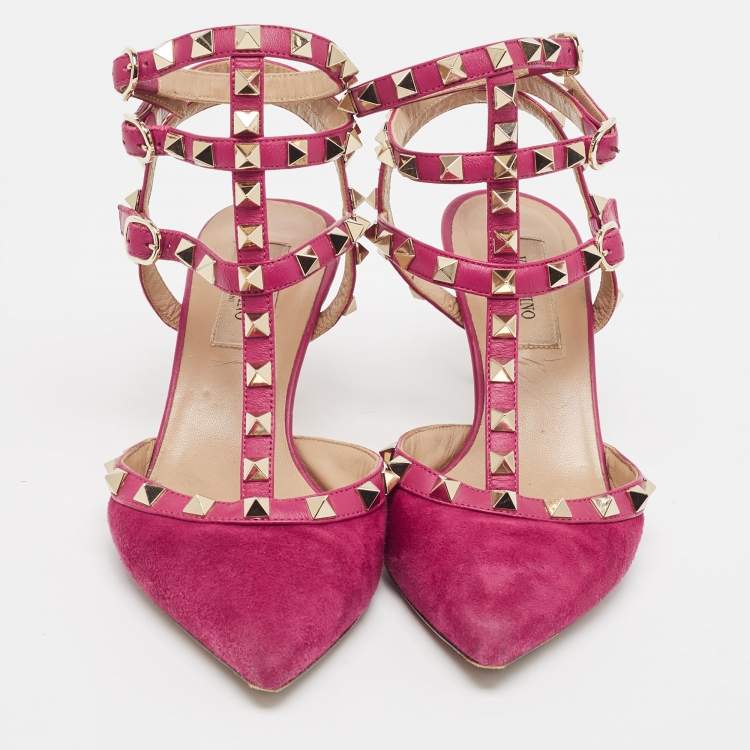 Pre Owned Valentino Pink Suede Rockstud Ankle Strap Pumps Size 36