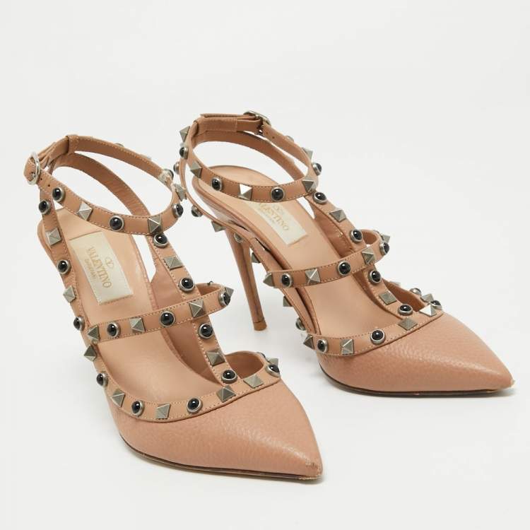 Pre Owned Valentino Beige Leather Rockstud Pumps Size 37.5