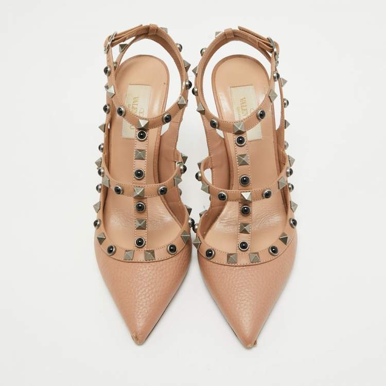 Pre Owned Valentino Beige Leather Rockstud Pumps Size 37.5