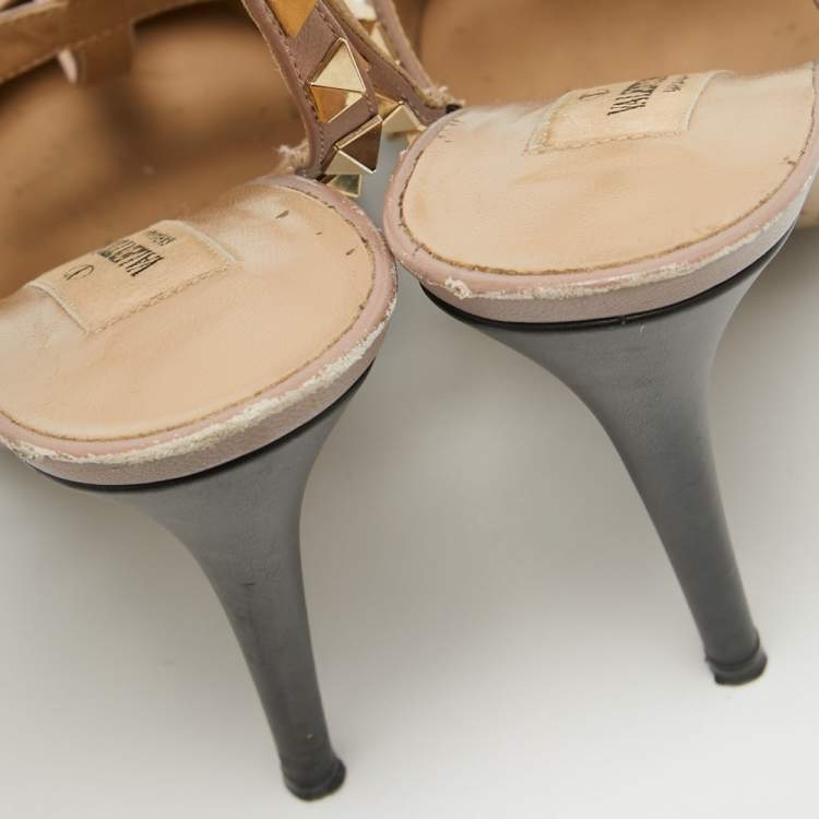 Pre Owned Valentino Black/Dusty Pink Leather Rockstud Ankle Strap Pumps Size 39.5
